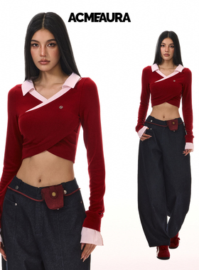 ACMEAURA秋冬高级感超好看减龄独特别致小香风红色假两件上衣女