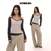 ACMEAURA美式 挂脖露肩上衣 打底衫 辣妹风一字肩长袖 T恤女撞色修身