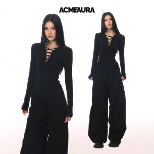 ACMEAURA T恤 复古纯欲设计感V领绑带紧身上衣女显瘦收腰黑色长袖