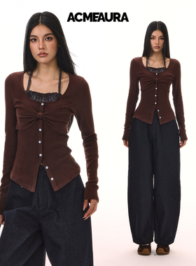 ACMEAURA韩系假两件挂脖针织衫女秋季新款显瘦小众设计感上衣女款