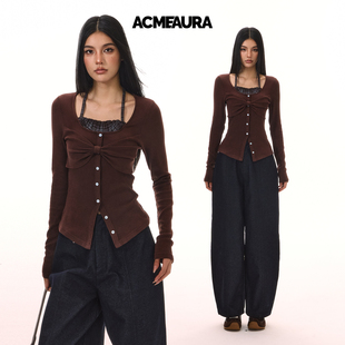 显瘦小众设计感上衣女款 新款 女秋季 ACMEAURA韩系假两件挂脖针织衫