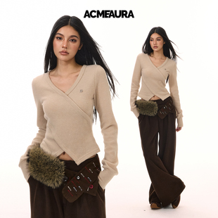 女内搭 上衣设计感小众打底衫 ACMEAURA秋冬短款 不规则交叉v领修身