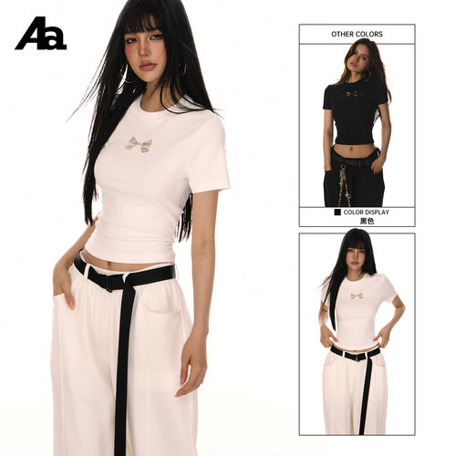 ACME AURA美式辣妹蝴蝶结印花修身显瘦正肩上衣女夏短袖t恤