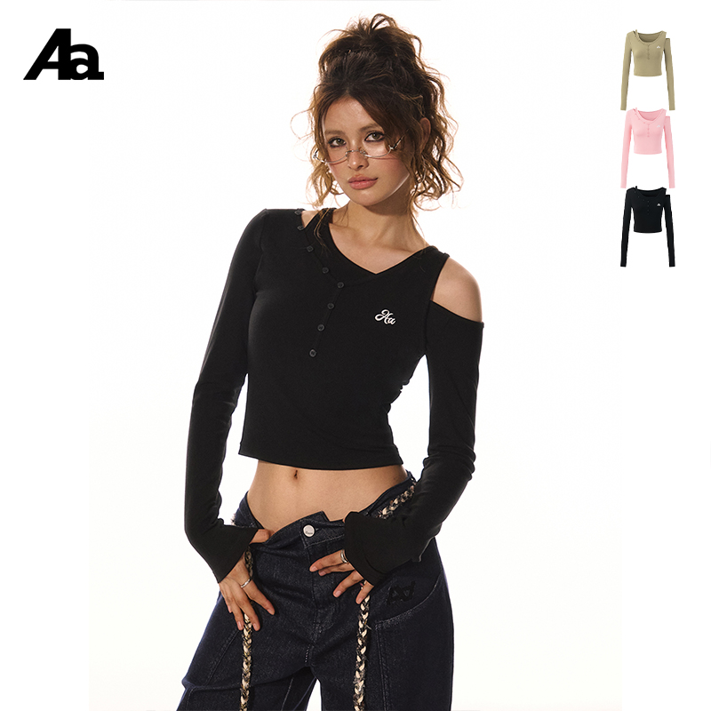 ACMEAURA 美式复古不规则假两件长袖T恤女设计感辣妹斜肩打底上衣