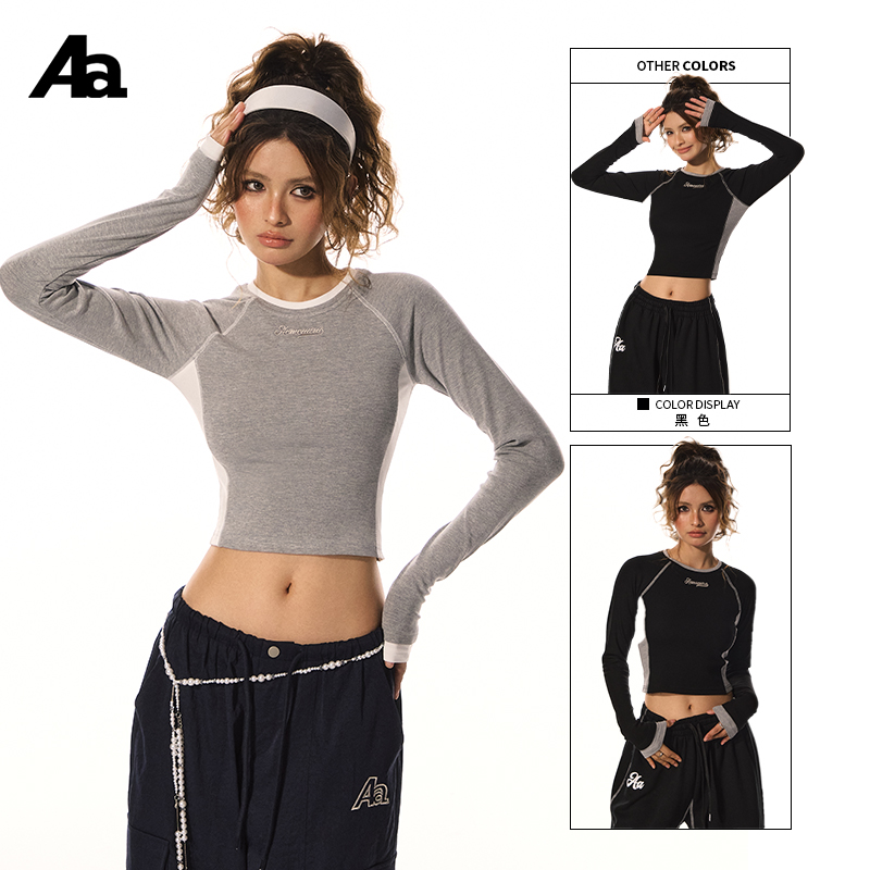 AURA美式复古辣妹风拼色长袖T恤