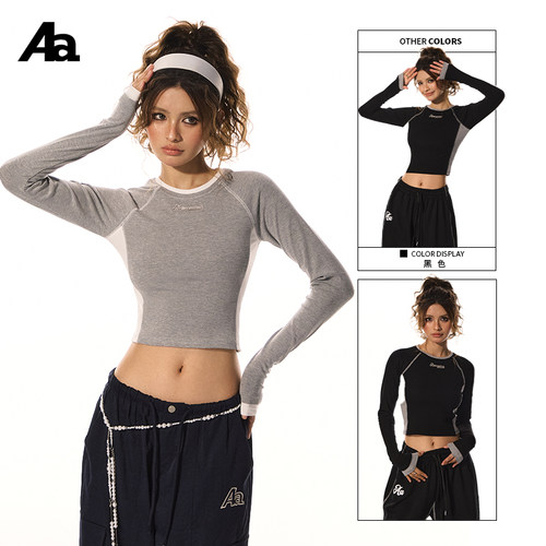 AURA美式复古辣妹风拼色长袖T恤