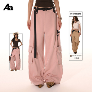 长裤 ACMEAURA腰带甜裤 女夏宽松百搭字母刺绣阔腿休闲裤 裤 口袋工装