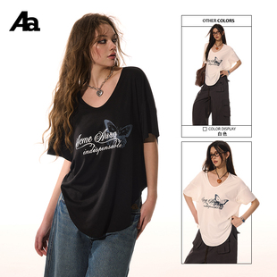 ACMEAURA可露肩美式 上衣 运动hiphop爵士大领口V领T恤女夏宽松短袖