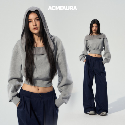 ACMEAURA卫衣女款2025新款早秋短款一字肩卫衣独特漂亮减龄款卫衣