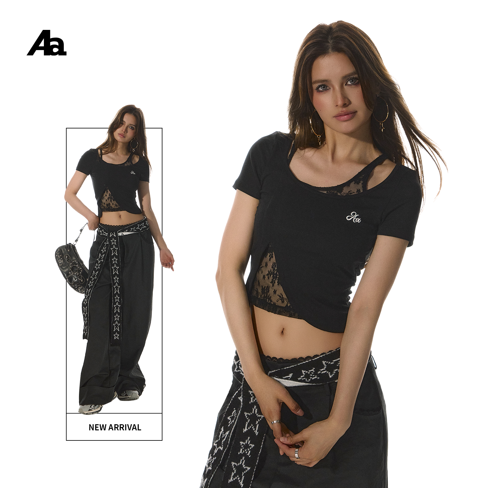 美式复古斜肩露肩蕾丝短袖T恤