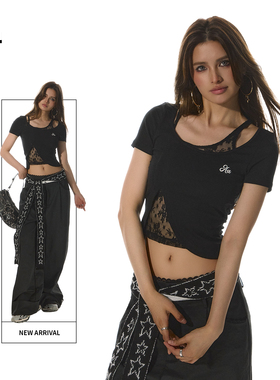 ACME AURA 美式复古斜肩露肩蕾丝短袖辣妹正肩上衣短款t恤女