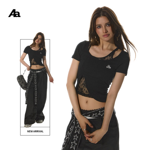 美式复古斜肩露肩蕾丝短袖T恤