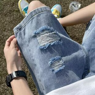 胖妹妹mm宽松破洞老爹萝卜裤 ins潮大码 女春秋新款 高腰九分牛仔裤
