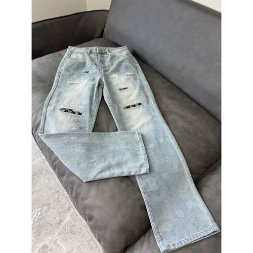 高级感cleanfit腰果提花假破洞牛仔裤hiphop复古休闲直筒裤子男款
