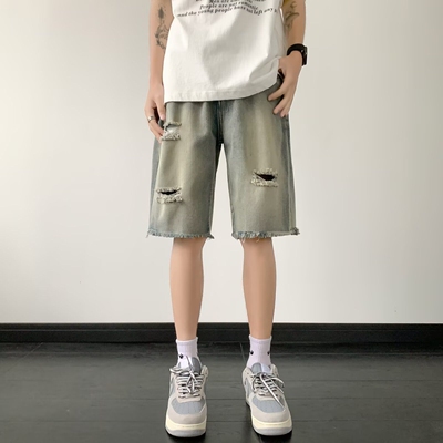 水洗毛边牛仔短裤夏季破洞cityboy五分裤设计感宽松男款休闲中裤