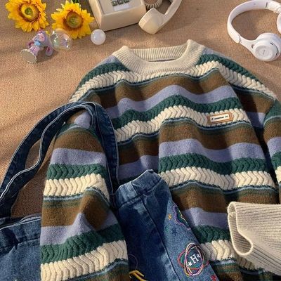 条纹圆领毛衣男秋冬设计感日系套头针织衫宽松潮流打底卫衣