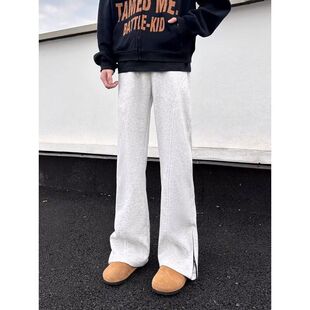 白灰色弯刀卫裤男款春夏美式侧边拉链微喇裤子直筒斜切休闲长裤