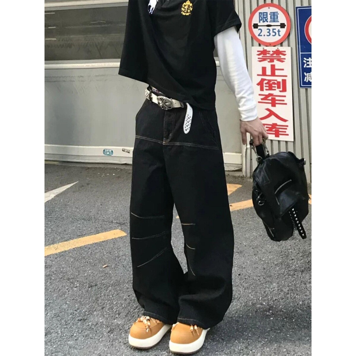 美式重磅竹节纹原浆弯刀版型baggy黑色阔腿原牛休闲裤