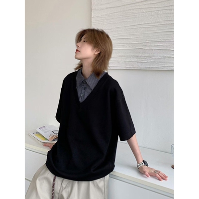 假两件polo衫短袖T恤男女春夏季美式复古学院风条纹情侣半袖上衣