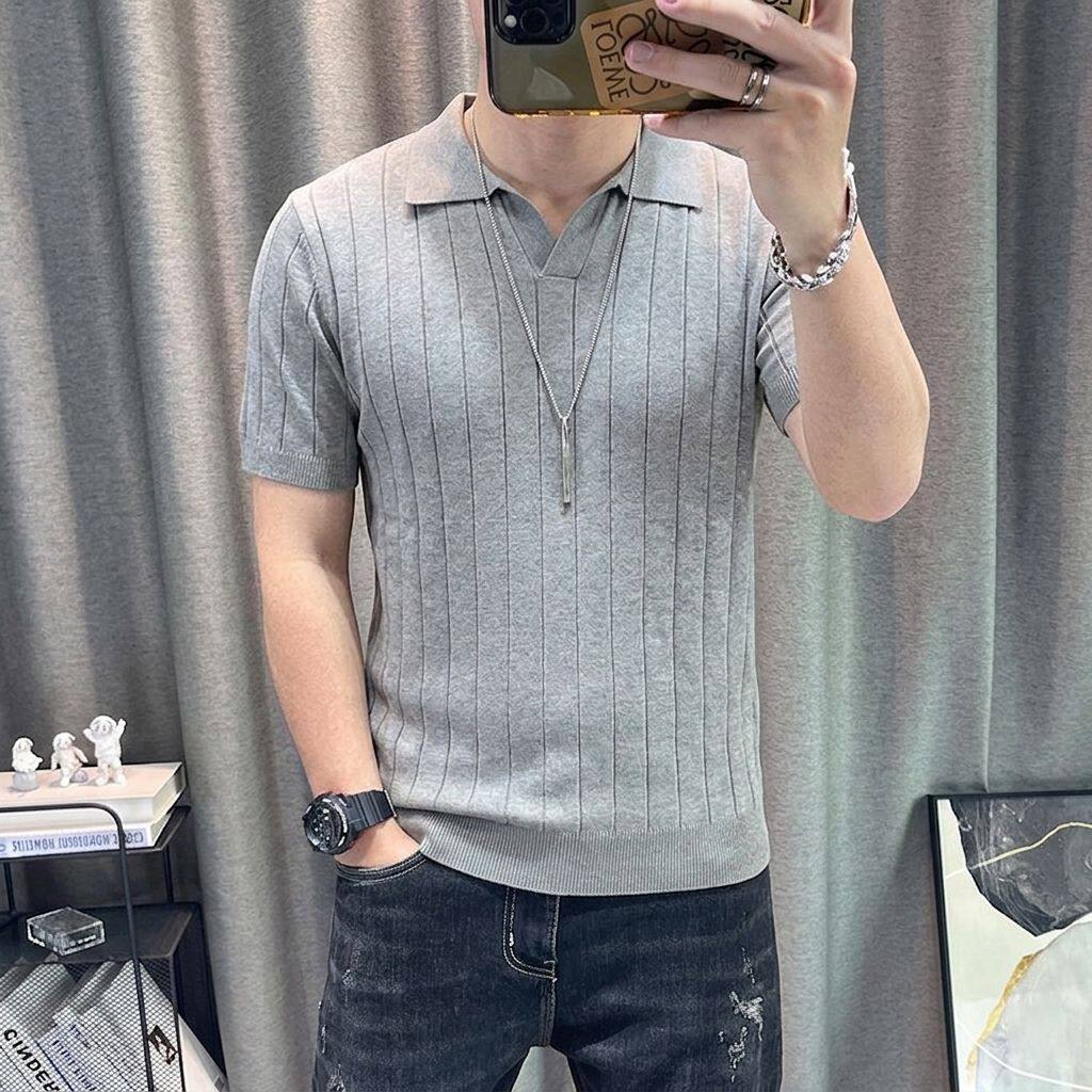 灰色V领条纹针织短袖polo衫男款夏季韩版修身翻领T恤半袖上衣
