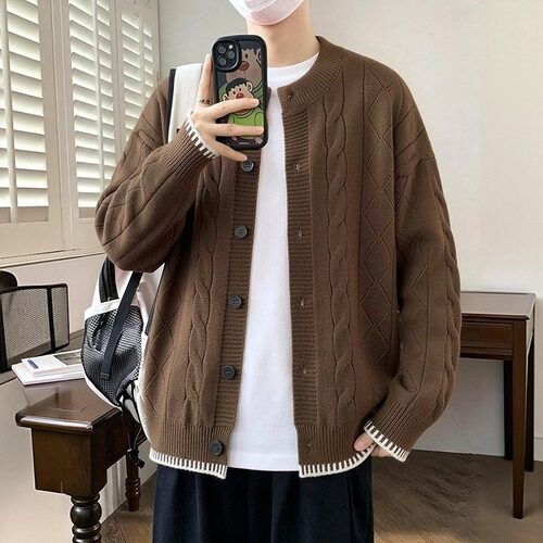 针织开衫男韩版潮流麻花上衣秋冬款慵懒宽松外套