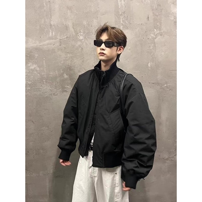 美式黑色飞行员夹克廊形高街立领cleanfit外套短款工装棒球夹棉服