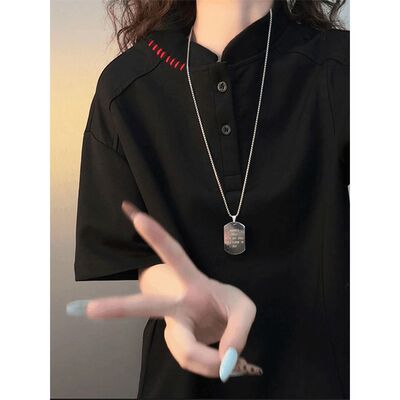 刺绣亨利领黑色短袖POLO衫男款夏季美式cleanfit解构正肩男生半袖