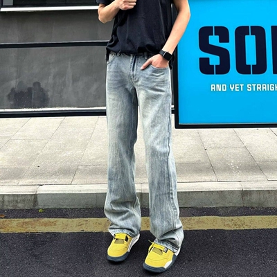 高个子美式加长cleanfit闪电裂纹水洗牛仔裤男直筒微喇裤子115cm
