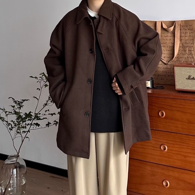 冬季日系男装复古毛呢大衣男女氛围感中长款风衣宽松休闲外套保暖