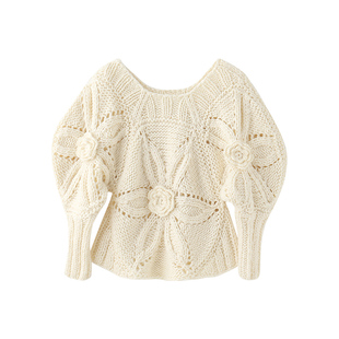 毛衣个性 短款 上衣 女复古手工钩花泡泡袖 秋冬加厚棒针圆领套头衫