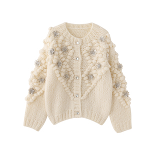 慵懒风重工钉钻圆领外套女加厚2026早春新款短款宽松毛衣开衫