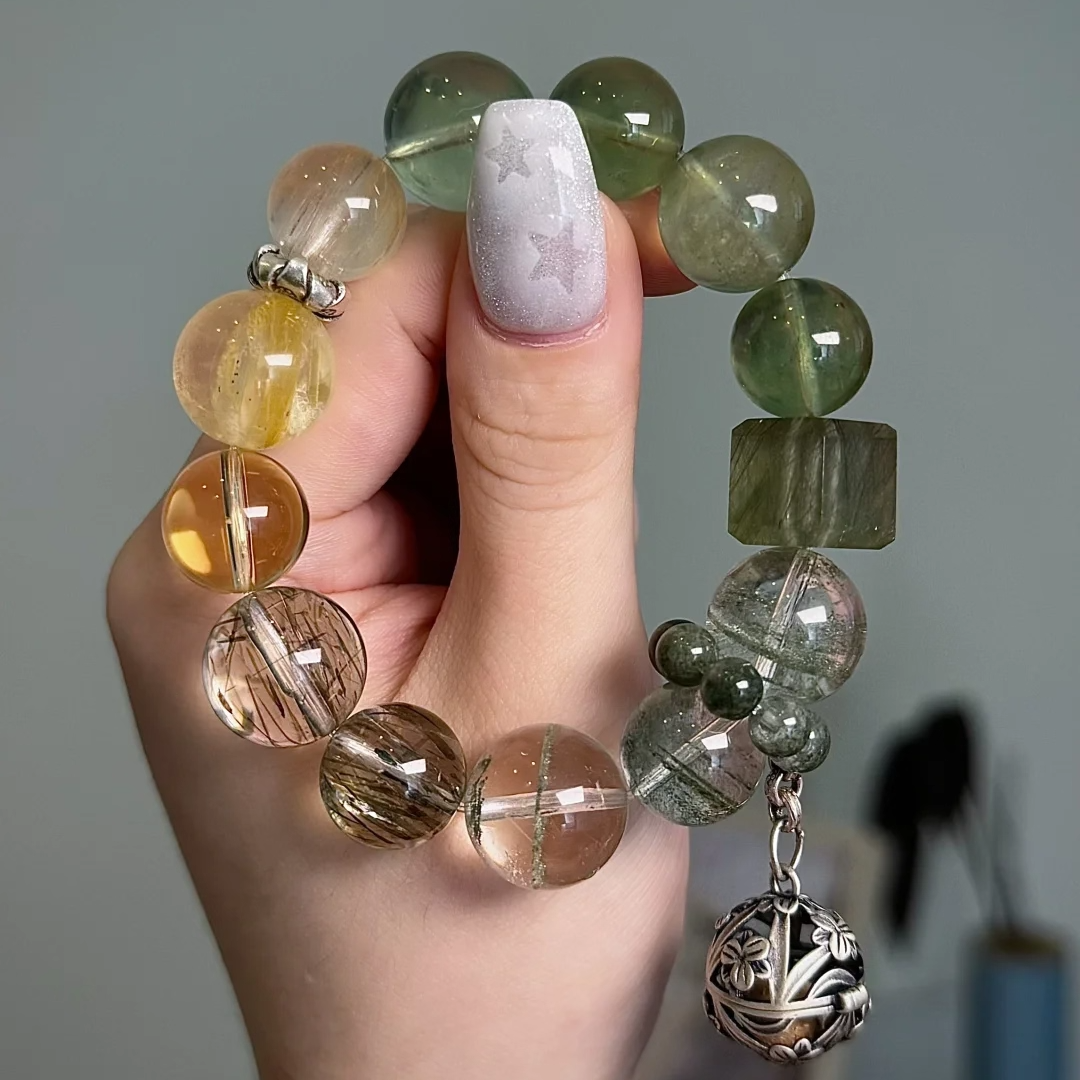 【一抹绿夏】招财绿幽灵发晶彩兔毛胶花黄水晶手串定制高端礼物