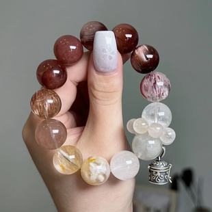 天然水晶手串红铜发晶胶花蓝白兔毛异象白兔毛玛瑙【长安的荔枝】