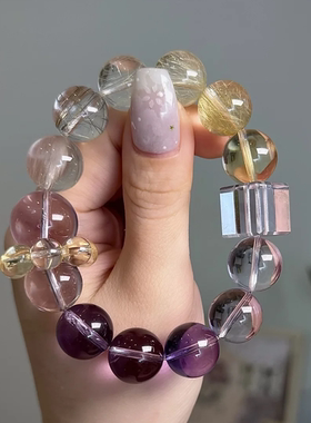 原创天然金发晶银发晶黄水晶兔毛紫水晶紫水晶水晶手链【紫沐顺】