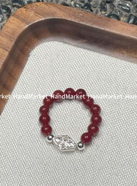 925银戒指 【红色弹力珠珠戒指 】复古百搭红色气质小众精致戒指