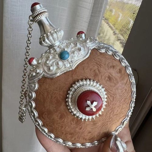 藏族民族风蒙古鼻烟壶纯手工纯银镶嵌鼻烟盒直径8.5大号