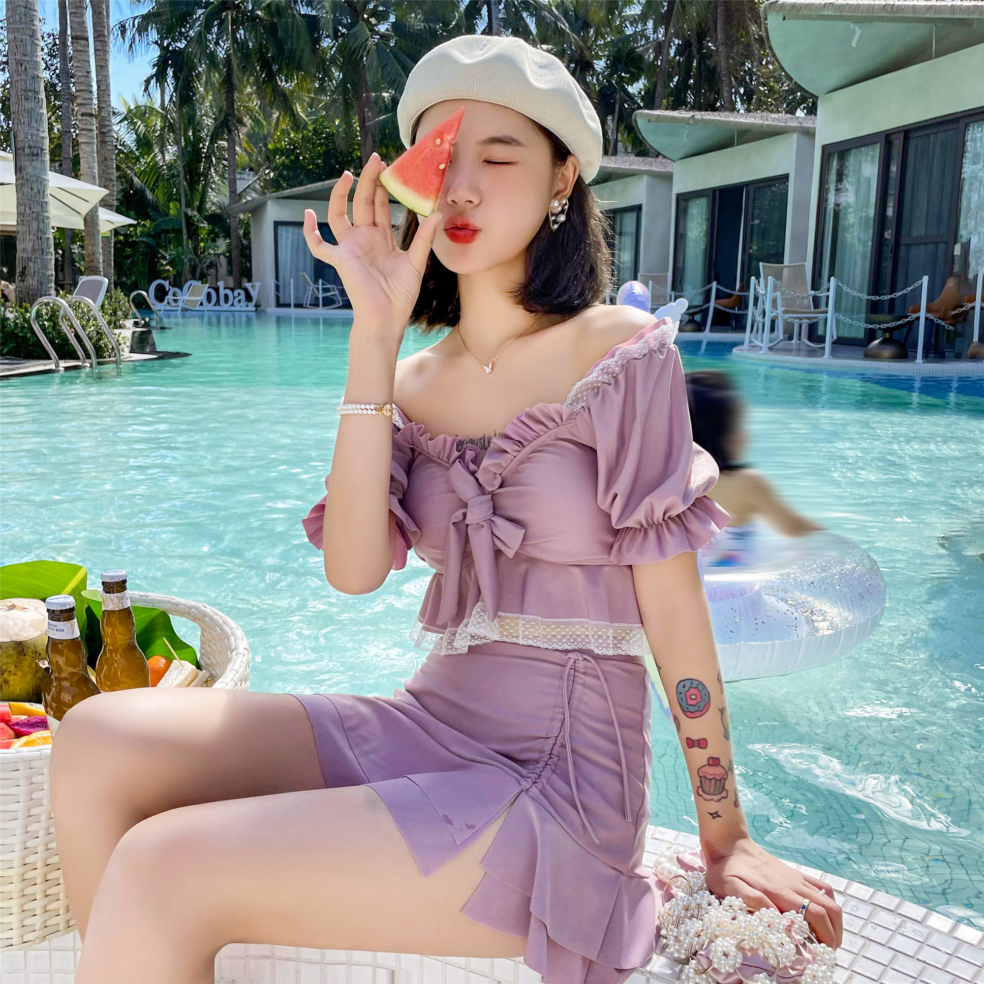 2025分体泳衣蓝色显瘦泡温泉度假新款高级感甜美可爱游泳装ins风