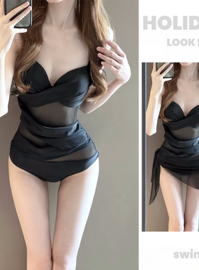 2025新款高级感连体泳衣女夏温泉保守个性连体遮肚沙滩泳装黑色