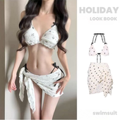 比基尼三件套分体泳衣女士甜美白色蝴蝶结网红温泉泳装 度假性感