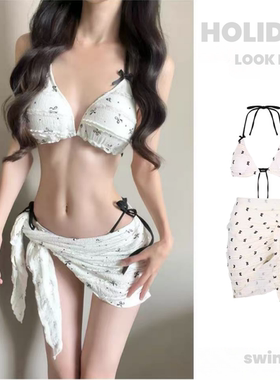 比基尼三件套分体泳衣女士甜美白色蝴蝶结网红温泉泳装度假性感