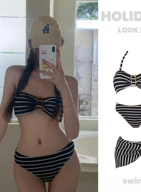 泳衣女2025新款性感条纹网红风比基尼小胸聚拢分体三角温泉泳装