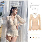 泳衣女泡温泉保守仙气韩国连体长袖 遮肉显瘦学生少女泳装 纯欲度假