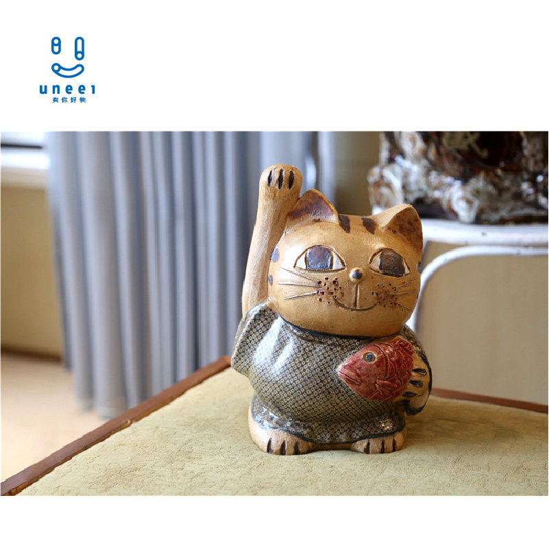 手作招财猫陶器摆件 日本制进口可爱和风招财进宝猫咪摆件大号