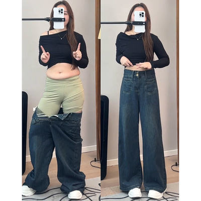 美式复古蓝阔腿牛仔裤女