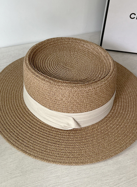 法式平顶防晒帽子女款2025新款礼帽夏季海边度假风遮阳草帽太阳帽