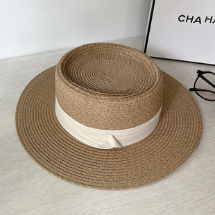 礼帽夏季 2025新款 海边度假风遮阳草帽太阳帽 平顶防晒帽子女款 法式