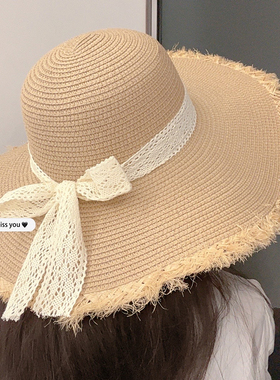 2025新款法式蕾丝蝴蝶结草帽女夏季防晒帽大帽檐遮阳海边度假帽子