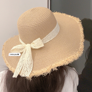 防晒帽大帽檐遮阳海边度假帽子 蕾丝蝴蝶结草帽女夏季 2025新款 法式