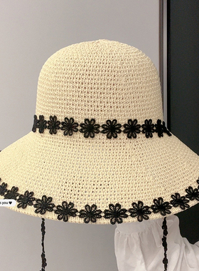 夏季防晒草帽女沙滩度假镂空2025防晒遮阳帽绑带小清新渔夫帽子潮