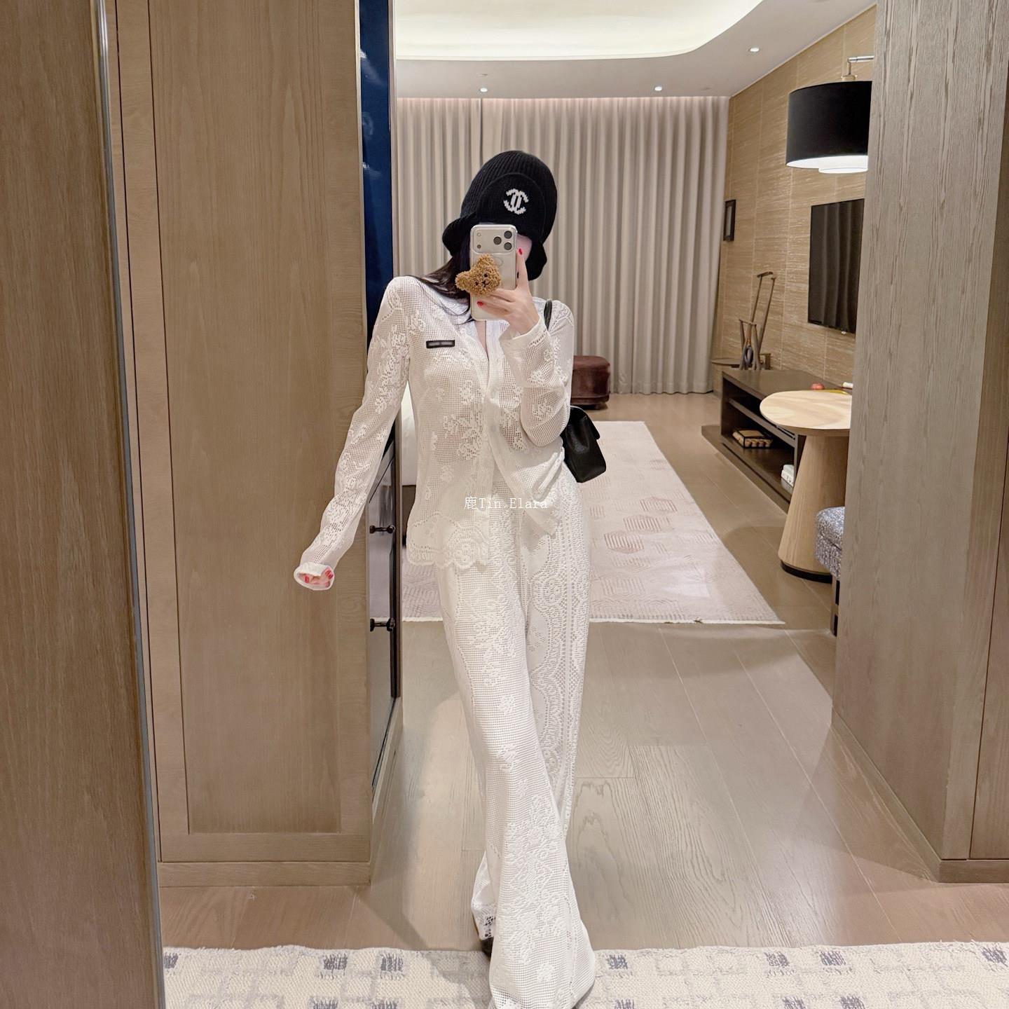 镂空蕾丝网纱套装女长袖开衫上衣阔腿长裤两件套宽松慵懒休闲套裝